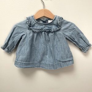 Baby Gap blouse, lightweight jean chambray look, ruffle detail, 3-6 months